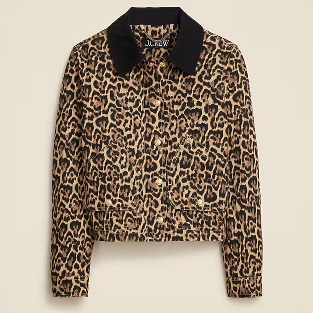 J. Crew Short Barn Jacket™ in leopard cotton canvas, NEW WITH TAGS, small